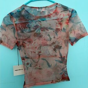 Superdown Sheer Floral Short Sleeve Top - Pink and Blue
